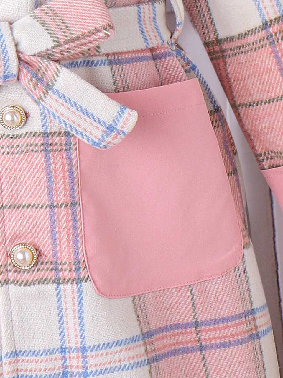 Tween Girl Plaid Print Single Breasted Fuzzy Trim Belted Overcoat & Hat