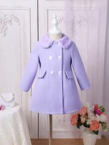 SHEIN Cô Gái Trẻ Cổ áo Borg Đôi ngực Chi tiết về Flap Áo khoác - Màu tím - Xem 3