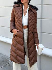 EURMUSE Fuzzy Trim Hooded Puffer Coat - Brown - View 1