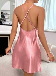 对比色蕾丝开叉大腿缎面吊带睡衣睡裙 - 藕粉色 - 查看 2