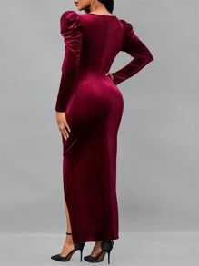 SHEIN Lady 羊腿袖高衩絲絨洋裝 - 酒紅色 - 查看 2