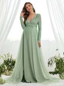 Faeriesty Dressalisa Elegant Maternity Gown With Deep V-Neckline & Long Sleeves - Flowing Tulle Side Panels & Waist-Defining Silhouette For Baby Showers (Formal Events, Wedding Guest Dresses, Church Ceremonies, Luxury Brunch Attire, Maternity Photoshoots)