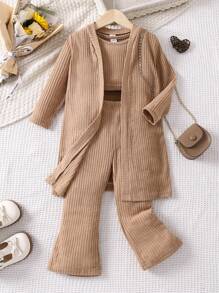 SHEIN Genkimix Kids 小女孩肋針針織背心&褲子&外套 - 卡其色 - 查看 5