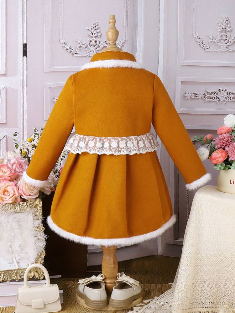 Young Girl 1pc Contrast Lace Trim Double Breasted Overcoat