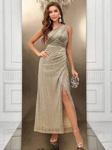 SHEIN Belle 不对称颈部裹身下摆闪光连衣裙，半正式礼服优雅舞会晚会婚礼宾客礼服，适合毕业典礼、晚宴派对礼服 - 杏色 - 查看 3