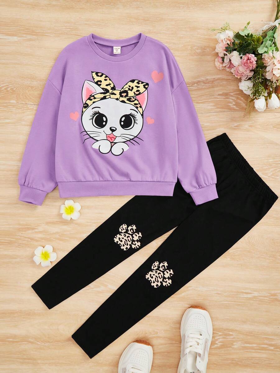 SHEIN Leap Crew 女大童卡通圖案套頭衫&緊身打底褲 - 紫色 - 查看 1