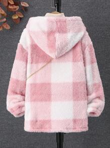SHEIN Chica preadolescente Abrigo teddy con patrón de cuadros de hombros caídos con capucha con bolso - Rosa - Ver 2