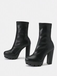 女士圓頭厚跟高跟防水增高伸展靴 - 黑色 - 查看 2