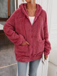 SHEIN LUNE Dual Pocket Drop Shoulder Drawstring Hooded Teddy Sweatshirt - Dusty Pink - View 5