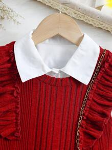 SHEIN Young Girl Flare Sleeve Dress & Ruffle Trim Dress Without Belt - Burgundy - View 4