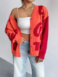 SHEIN Unity 字母圖案落肩袖開襟衫 - 珊瑚橙 - 查看 4