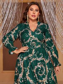YISIKADO Plus Baroque Print Flare Sleeve Lace Up Front Dress - Multicolor - View 5