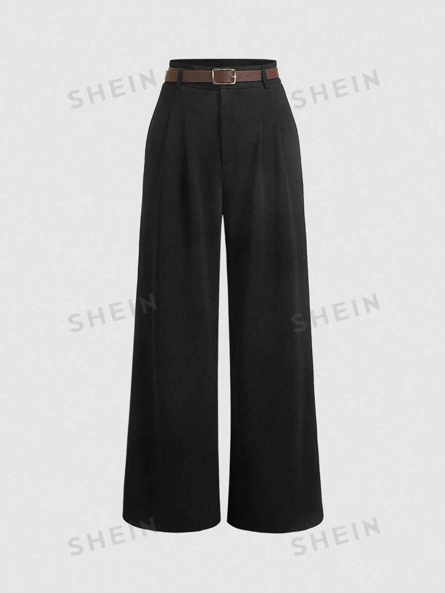 SHEIN MOD Pantalones rectos negros con cinturón y pliegues sólidos en la cintura - Negro - Ver 1