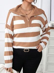 Calvaya Plus Striped Pattern Quarter Zip Drop Shoulder Sweater Knit Pullover Fall Winter Outfit - Multicolor - View 5
