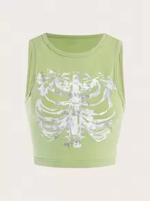 SHEIN EZwear Halloween In Bộ xương Crop Tank Top - Màu xanh Bạc hà - Xem 1