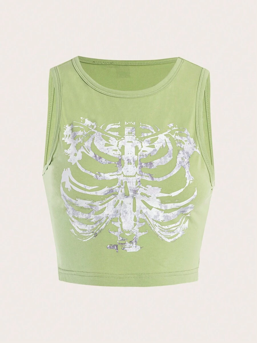 SHEIN EZwear Halloween In Bộ xương Crop Tank Top - Màu xanh Bạc hà - Xem 1