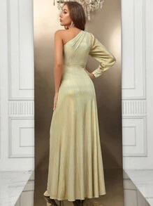 SHEIN Belle Một bờ vai Mặt trước xoắn Tách đùi Váy phù dâu - Rượu sâm banh - Xem 2