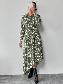 SHEIN Privé con estampado bajo asimétrico Blusa & Falda - Verde - Ver 1