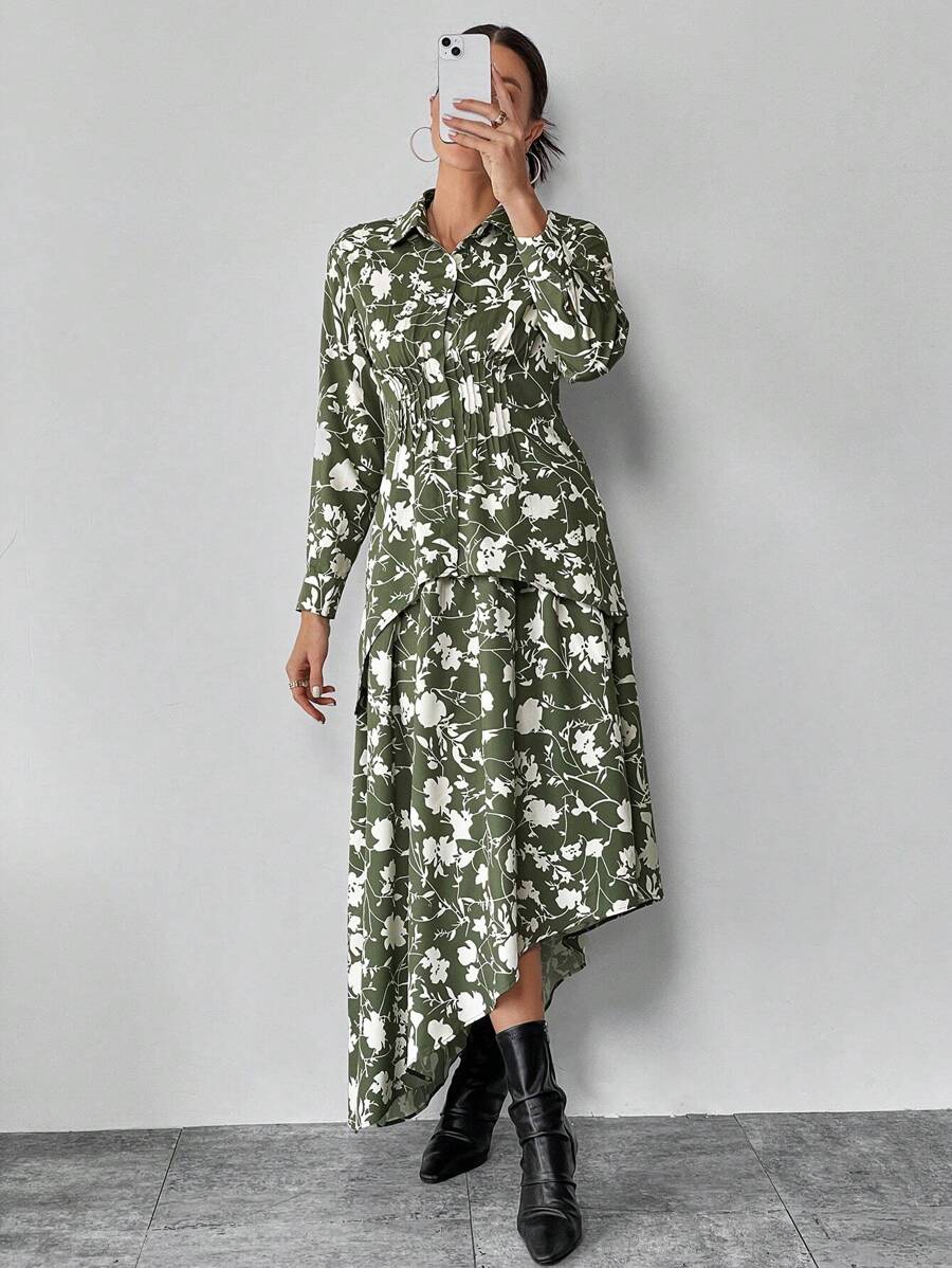 SHEIN Privé con estampado bajo asimétrico Blusa & Falda - Verde - Ver 1