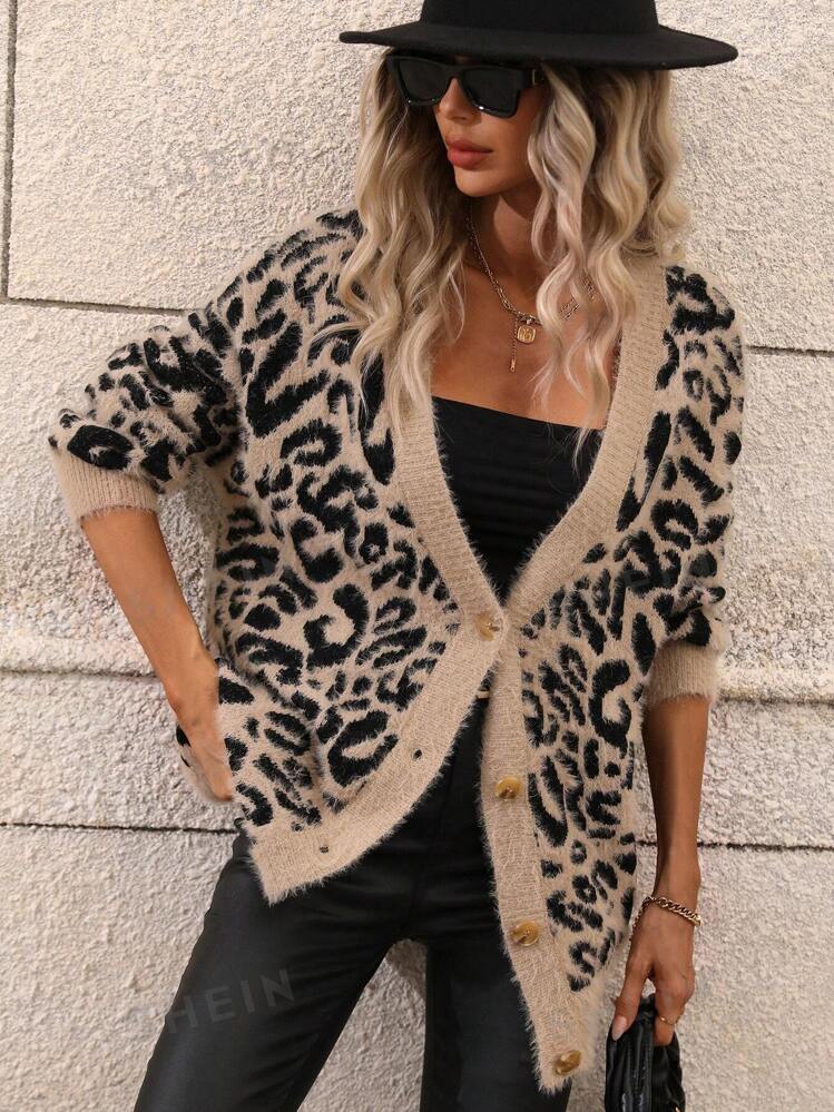 SHEIN LUNE Leopard Pattern Drop Shoulder Fuzzy Trim Cardigan SHEIN USA