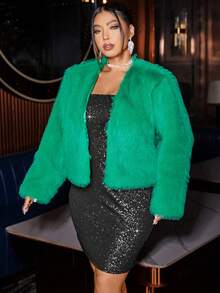 Cravure 大码优雅纯色仿皮草大衣，秋冬款 - 綠色 - 查看 5