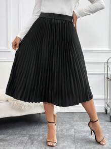 SHEIN Clasi 大碼高腰百褶半身裙 - 黑色 - 查看 1