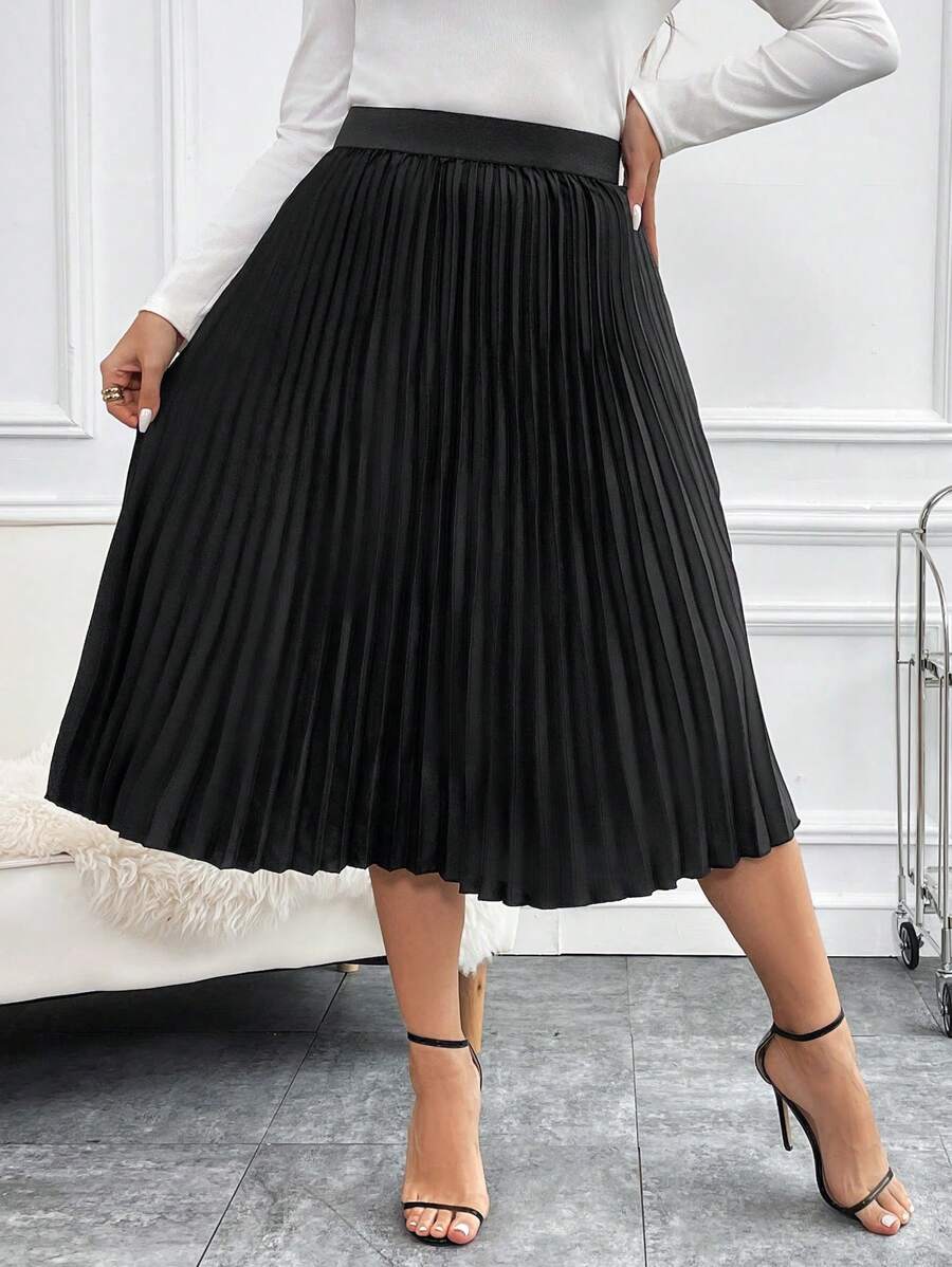 SHEIN Clasi 大碼高腰百褶半身裙 - 黑色 - 查看 1