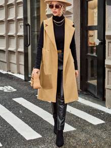 Aveloria Lapel Neck Flap Detail Sleeveless Overcoat - Camel - View 4