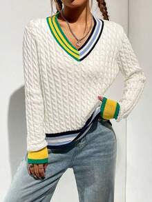 SHEIN Unity Sọc trang trí Xoắn Dan Áo len - Nhiều màu - Xem 4