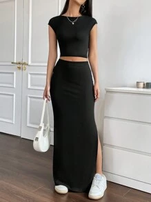 SHEIN Unity Solid Crop Tank Top & Split Thigh Skirt - Black - View 3