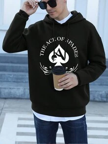 Hombres Capucha con estampado de letra de hombros caídos con cordón - Negro - Ver 4