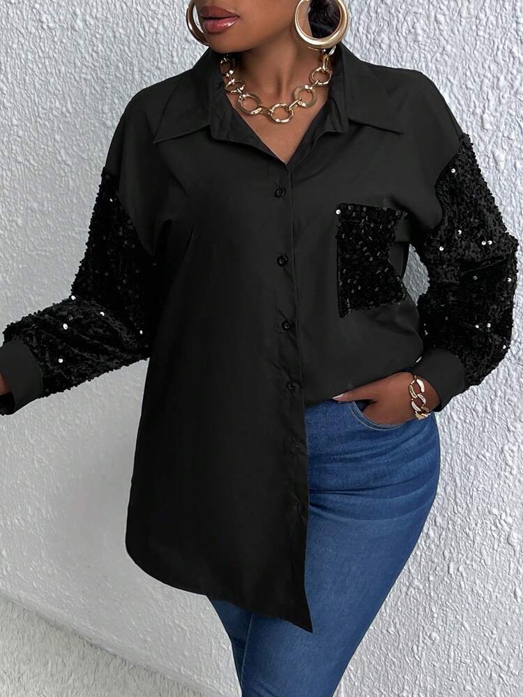 Plus Contrast Sequin Drop Shoulder Shirt