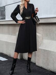 SHEIN LUNE Surplice Neck Pleated Hem Dress Without Belt - Black - View 4