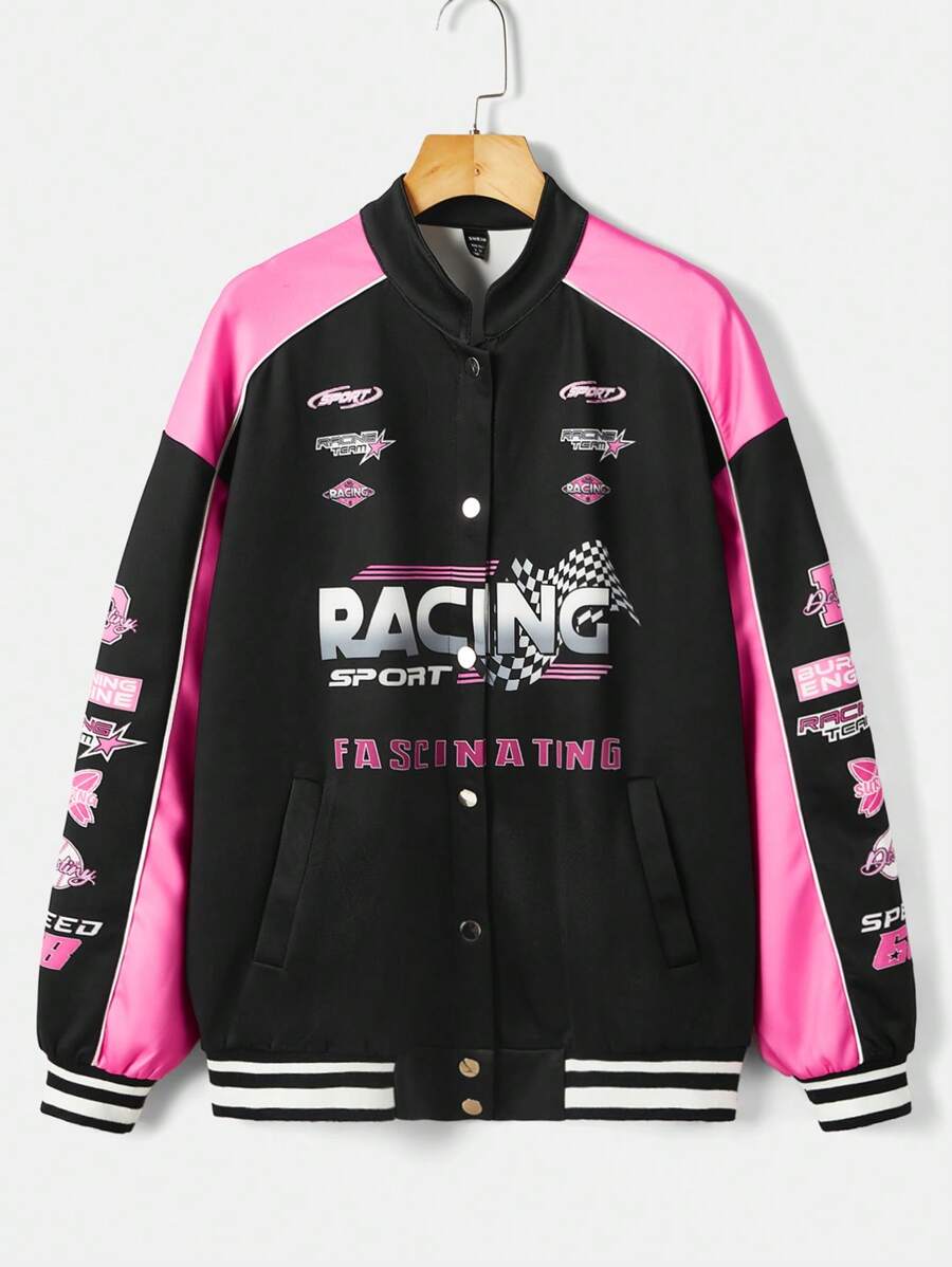SHEIN Coolane 字母圖案撞色落肩袖夾克 - 彩色 - 查看 1