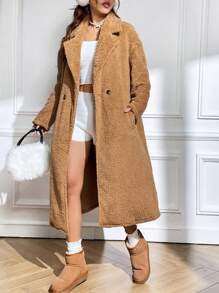 SHEIN EZwear Áo khoác Teddy cổ trễ vai ve lật, Áo khoác nữ mùa đông giản dị cài hai nút, Áo khoác nữ trơn trễ vai ve lật túi rộng rãi màu lạc đà, Ấm áp mùa đông/ Thời trang mùa đông - Lạc đà - Xem 3