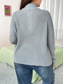 Flirla 加大码半拉链落肩针织套头衫秋冬毛衣 - 灰色 - 查看 4