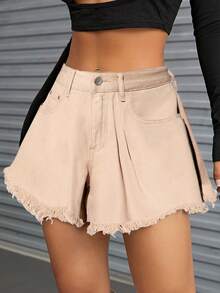 SHEIN ICON 高腰毛邊闊腿牛仔短褲 - 卡其色 - 查看 3