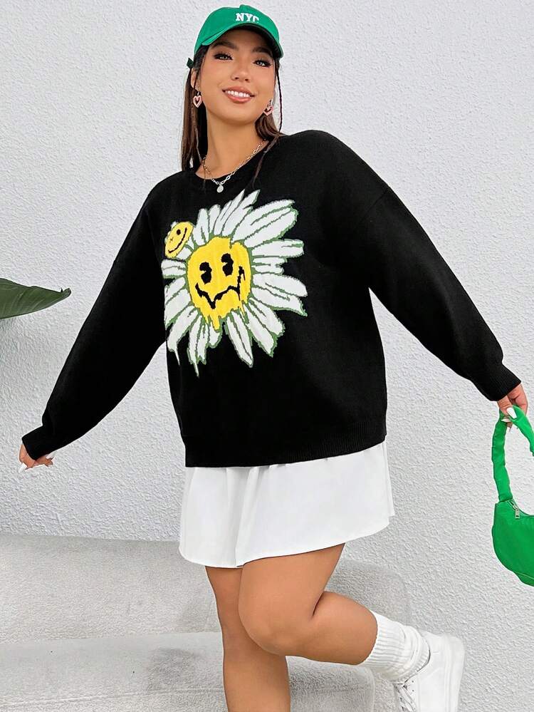 Plus Floral & Cartoon Face Pattern Drop Shoulder Sweater