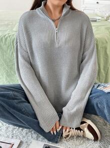 Flirla 加大码半拉链落肩针织套头衫秋冬毛衣 - 灰色 - 查看 6