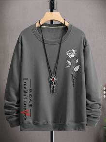 Manfinity Homme Felpa casual da uomo con grafica floreale e lettera, spalle cadenti, manica lunga, adatta per l'autunno, colore grigio, felpa con maniche lunghe - Grigio - Visualizzare 4