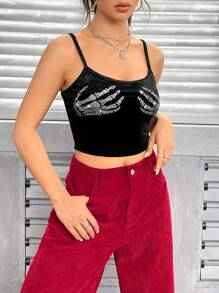 SHEIN EZwear 骷髏手掌水鑽細節吊帶短上衣 - 黑色 - 查看 5