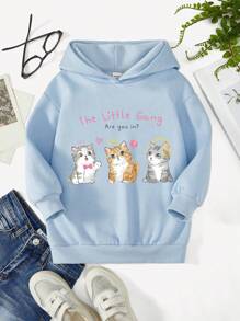 年轻女孩猫咪标语图案卫衣 - 淺藍色 - 查看 1