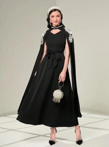 Al Najma Pearls Detail Cloak Sleeve Belted Kaftan, Modest Arabian Dress