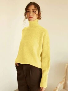 Knit Mix 优雅女士高领宽松针织毛衣，适合秋冬季节穿着，加厚长袖套头衫，复古风格，适合圣诞节、新年、感恩节、情人节、返校季、冬季、秋季等场合。 - 黃色 - 查看 5