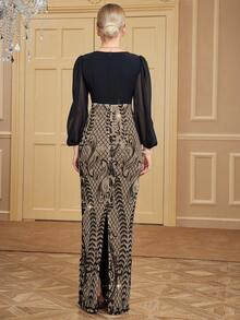 網紗拼接燈籠袖亮片正式洋裝