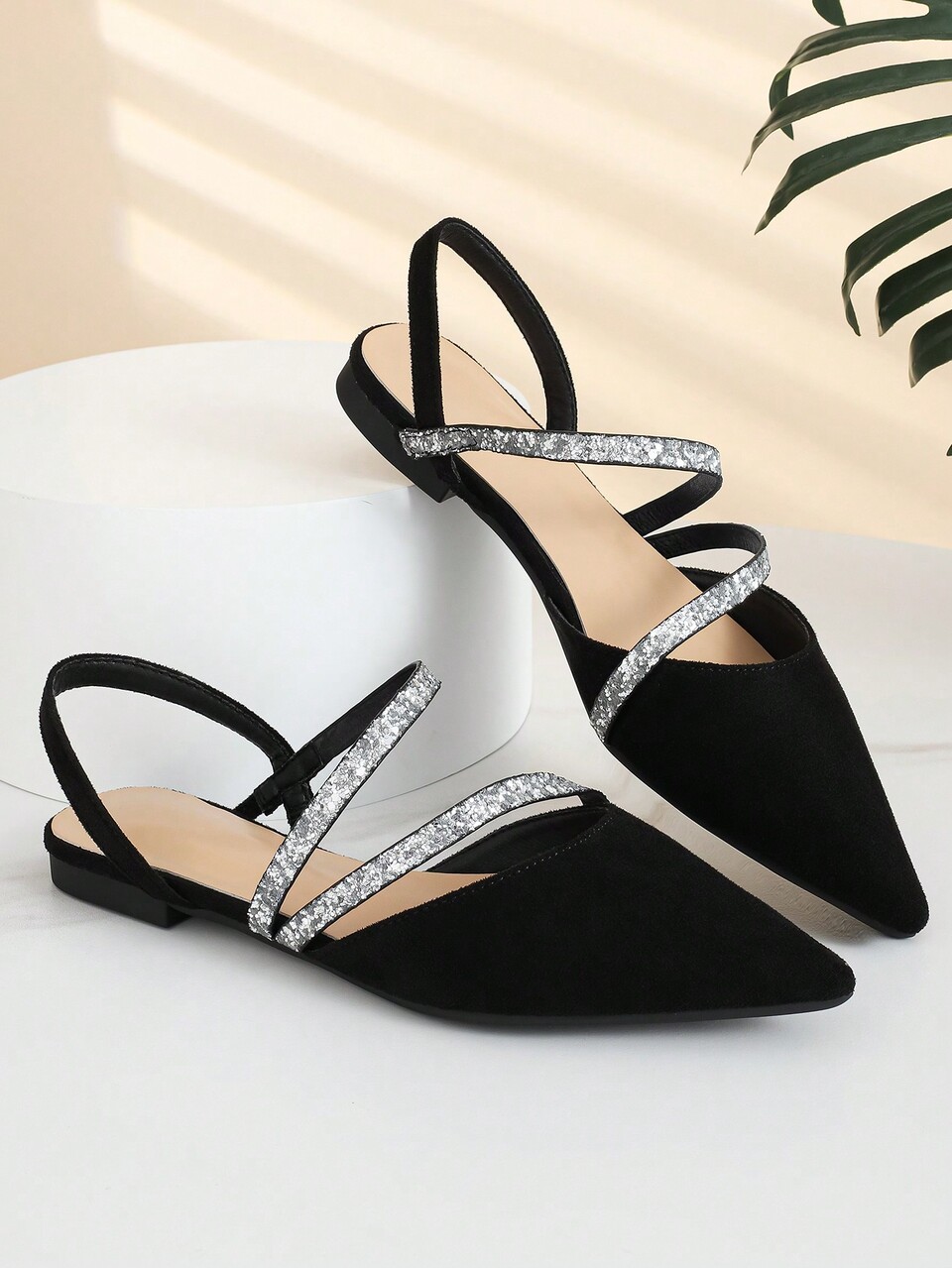 Fall/Winter Point Toe Glitter Strap Slingback Flats, Women's Black Glitter Solid Color Flat Shoes With Back Strap