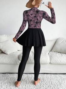 Tropical Print Full Body Burkini With Long Sleeve - Black - View 2