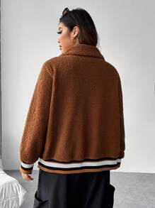 SHEIN EZwear Hơn Sọc trang trí Dây kéo Áo Teddy Jackets - Cà phê nâu - Xem 2