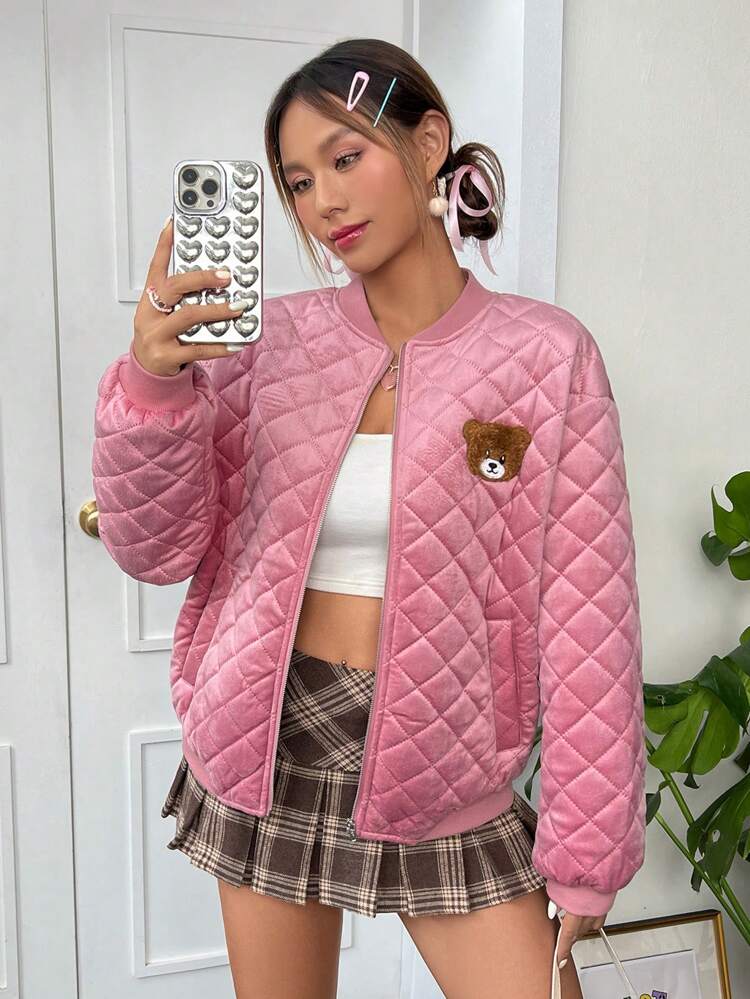 Bear Patched Detail Drop Shoulder Quilted Coat