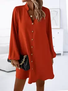 SHEIN LUNE 素色前紐扣燈籠袖洋裝 - 棕色 - 查看 4